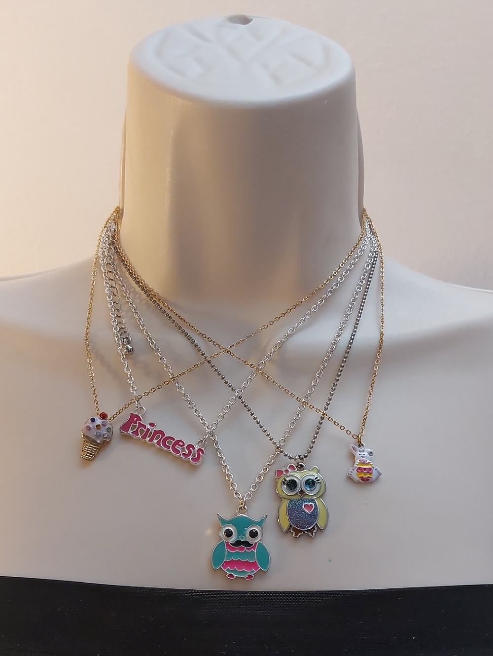 Bundle Lot Of 5 Kids Themed Necklaces Owl Princess Ice Cream Easter Bunny